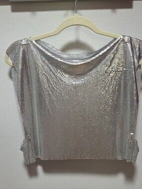 Silver metal mesh chainmail crop top with a sparkly metallic finish. One Size
